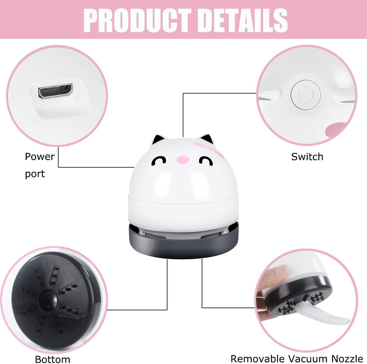 Mini Desktop Vacuum Cleaner, Portable USB Vacuum Cleaner for Desk Mini Cute Cartoon Desktop Vacuum for Cleaning Eraser Crumbs, Dust, Crumbs, Computer, Keyboard and Car (White)