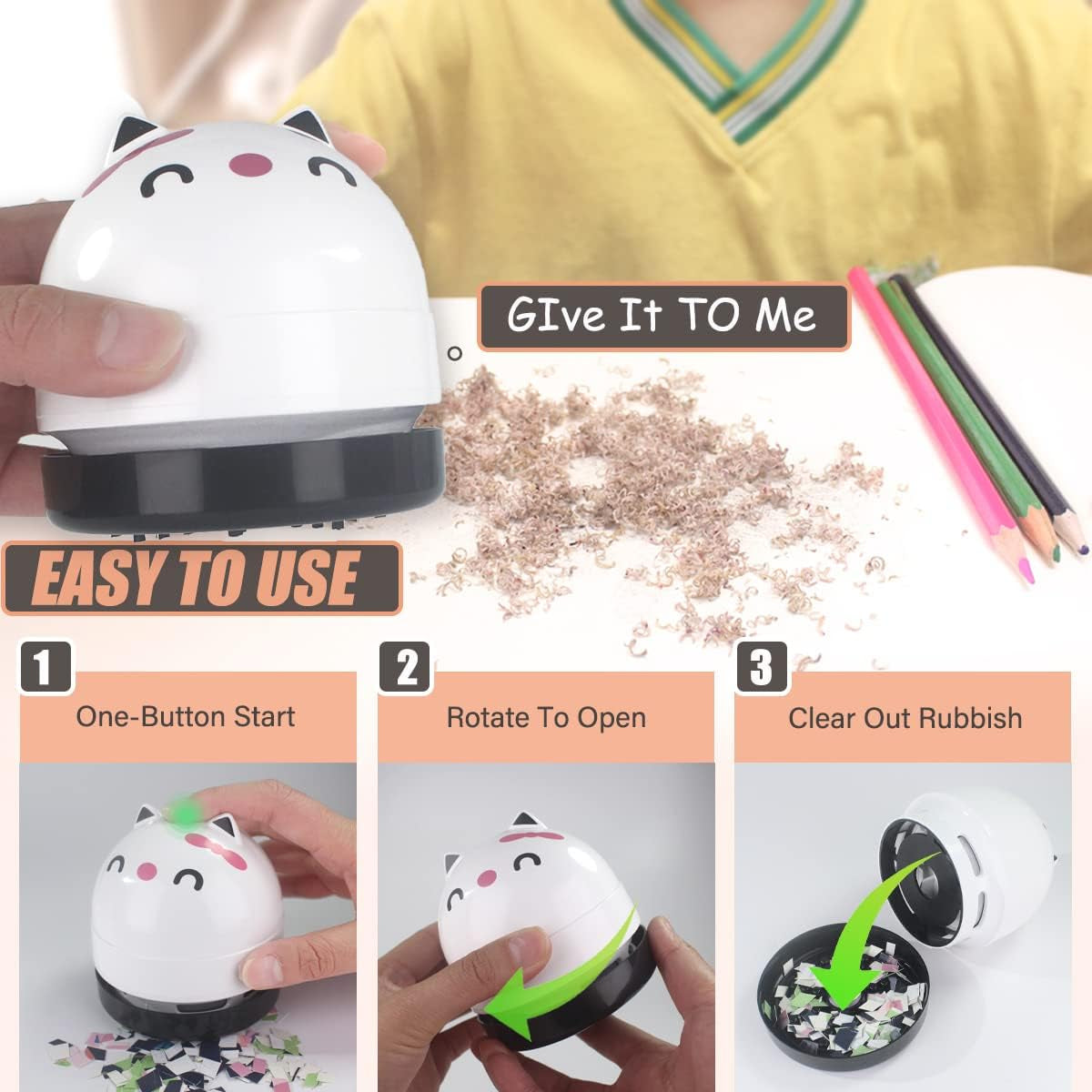 Mini Desktop Vacuum Cleaner, Portable USB Vacuum Cleaner for Desk Mini Cute Cartoon Desktop Vacuum for Cleaning Eraser Crumbs, Dust, Crumbs, Computer, Keyboard and Car (White)