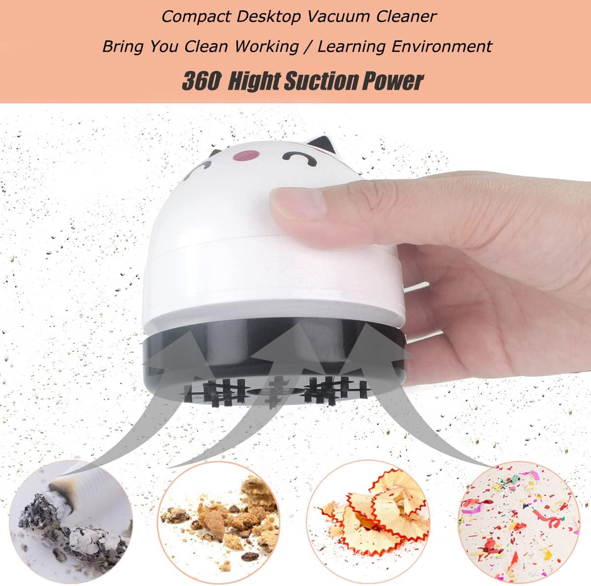 Mini Desktop Vacuum Cleaner, Portable USB Vacuum Cleaner for Desk Mini Cute Cartoon Desktop Vacuum for Cleaning Eraser Crumbs, Dust, Crumbs, Computer, Keyboard and Car (White)